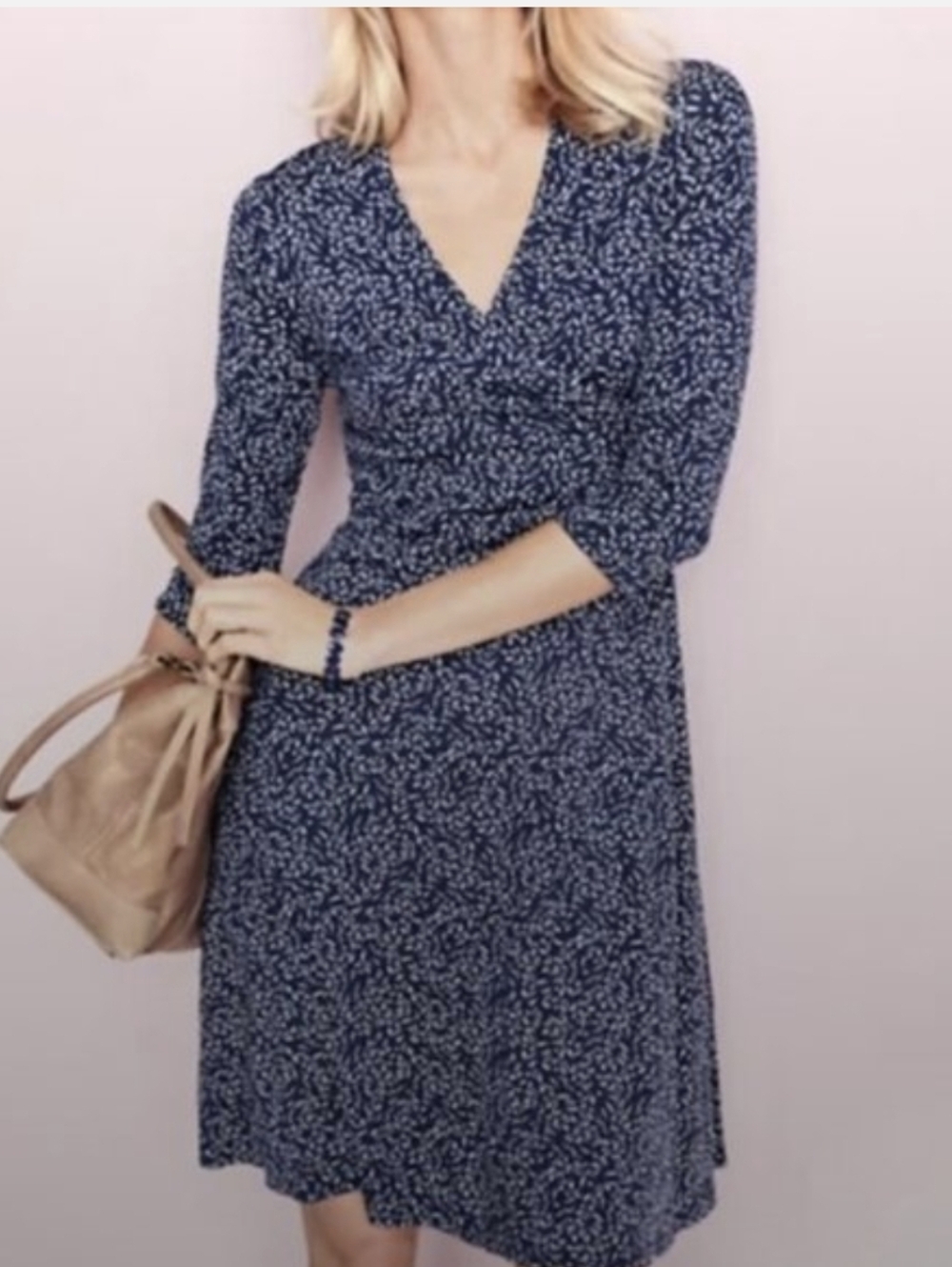 NWOT Garnet Hill Womens Brianna Surplice 3/4 Sleeve Faux Wrap Dress Navy White M